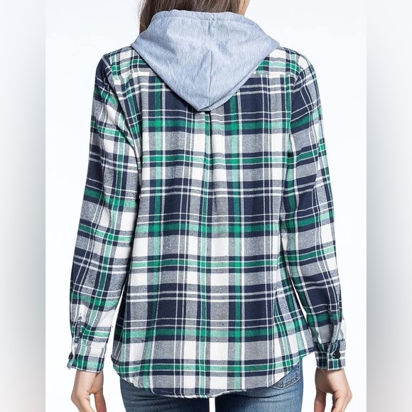 (B49) Jiang Vi Xuan Plaid Hoodie Long Sleeve Button-Up Drawstring with Pockets - Picture 9 of 10